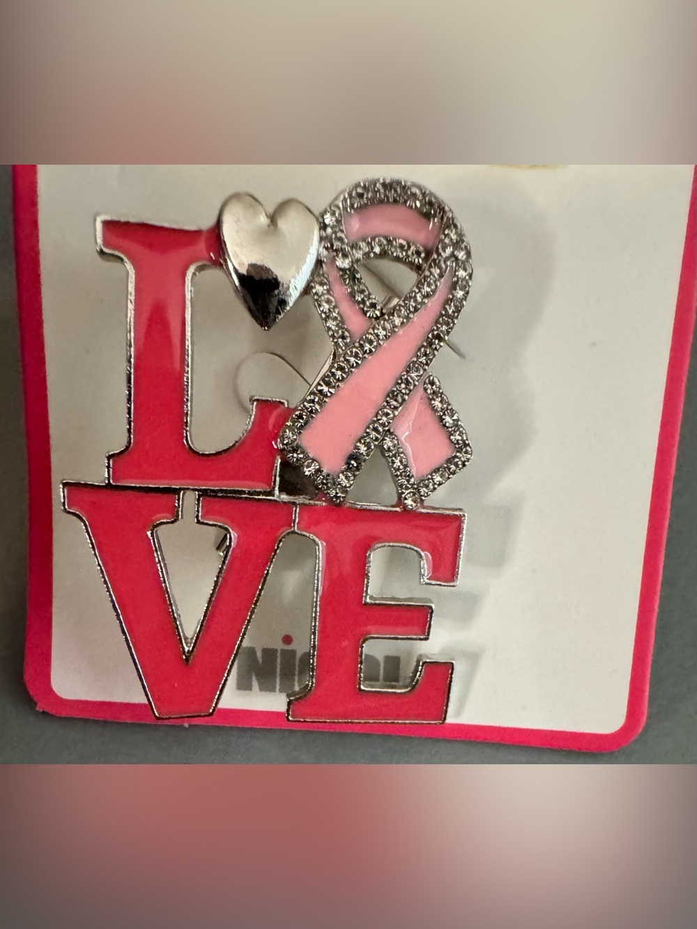 Pink 'LOVE' Ribbon Pin Brooch - Breast Cancer Awareness statement